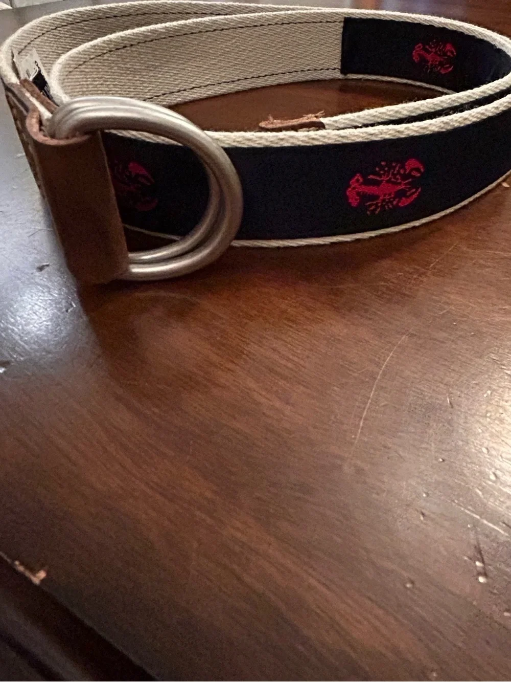 Daniel Cremieux men’s Navy Blue Canvas D-Ring Belt with Red Lobster Embroidery